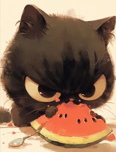 a black cat eating a piece of watermelon with it's eyes wide open