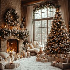 a living room decorated for christmas with presents