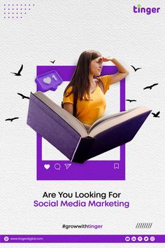 a woman reading a book with the title are you looking for social media marketing?