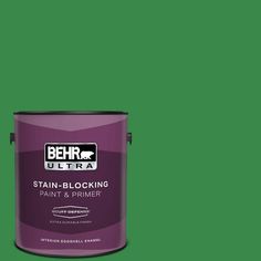 behr ultra stain blocking paint and primer in green, with the words stain blocking on