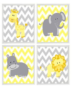 four different animal wall art prints with chevrons in grey, yellow and green