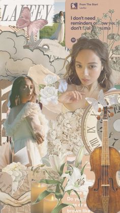 a collage with various images and words including a woman holding a flower, a clock, flowers, and other things