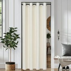 a living room with white walls and wooden floors, a plant in the corner next to the door