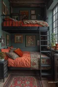 a bedroom with bunk beds and pictures on the wall above it, along with rugs