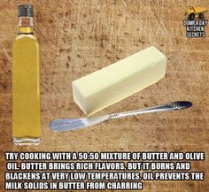 a bottle of butter next to a spatula and knife on a cutting board with the words, try cooking with a 50 - minute butter and olive oil