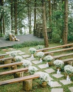 an outdoor ceremony setup with wooden benches and white flowers on the ground in front of trees