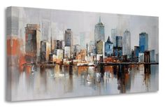 an abstract painting of a cityscape with water and buildings in the foreground