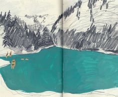 an open book with a drawing of mountains and people on the lake in front of it