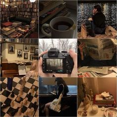 a collage of photos with books, coffee mugs and other things in them