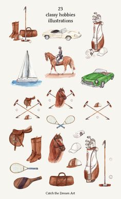 watercolor illustrations of different types of objects and their names are shown in this image