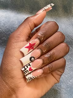 Nail inspiration 8 ball animal zebra print star french tip trendy Nails Acrylic Animal Print, Red Zebra Print Nails, Tarayummy Nails, Zebra Print Acrylic Nails, Zebra Print French Tip Nails, Eight Ball Nails, 90s French Tip Nails, Zebra French Tip Nails, Y2k French Tip