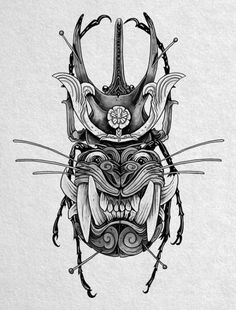 a black and white drawing of a beetle with an elaborate mask on it's face