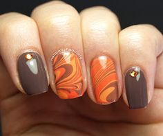 Nail Polish Society: 31DC2014 Day 02: Orange Autumn Water Marble Fall Nails Colors, Fall Acrylic, Marble Nail Designs, Hair Cosmetics, Christmas Gel, Orange Autumn, Green Nail Designs, Cute Nails For Fall