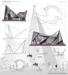 an architectural drawing shows how the building would look like in different stages of construction, with red and black details