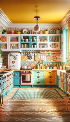 a painting of a kitchen with colorful cabinets