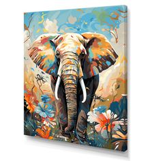 an elephant painted on canvas with flowers and butterflies in the background, it's head is