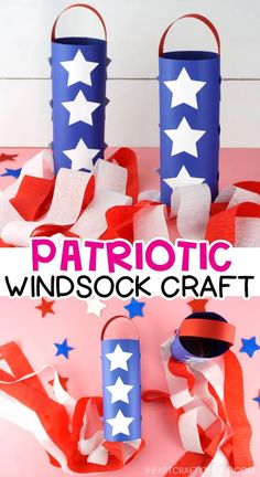 patriotic wind sock craft with red, white and blue paper streamers on the table