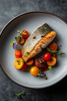 Seared fish fillet with heirloom tomatoes and roasted potatoes on a gray plate. Fish Recipe Ideas, Delicious Fish Recipes, Tartare Recipe, Fine Dining Plating, Lox And Bagels, Fish Recipes Baked, Fish Chowder, Baked Fish Recipes