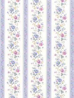 a white and blue striped wallpaper with flowers