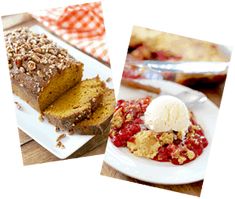 two pictures of bread, fruit and ice cream