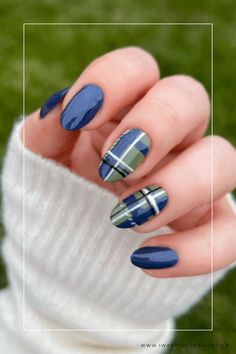 Navy Blue Plaid Nails Plaid Almond Shaped Nails, Blue Plaid Nail Art, Short Square Shape Nails Designs, Navy Blue Plaid Nails, Blue Green Fall Nails, Pink And Navy Nail Designs, Scottish Nail Designs, Blue And Green Nail Art, Navy And Green Nails