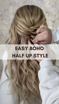 Simple Bridesmaid Hair Diy, How To Half Updo, Half Hair Up Tutorials, Long Hair Updo Easy Step By Step Half Up, Wedding Hair Diy Half Up, Easy Prom Hairstyles Half Up Half Down, Long Hair Half Updo Easy, Diy Half Updo, Simple Wedding Hairstyles Half Up