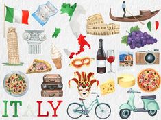 italy watercolor clipart set with italian food, wine and other things to eat