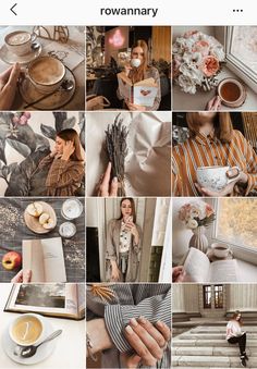 a collage of photos with coffee, flowers and other things in them that are on display