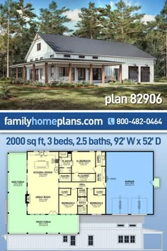 two story house plan with 3 beds, 2 baths, and an open floor plan