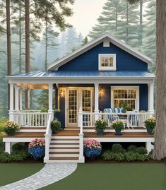 a small blue house with porch and steps leading up to the front door is shown