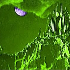 an abstract image of a castle in the middle of green grass with a purple moon above it