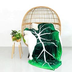 a green and white blanket sitting on top of a chair next to a potted plant