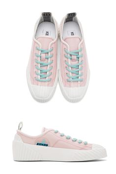 Kenzo Pink Volkano Sneakers. Low-top canvas sneakers in pink. Tonal topstitched detailing throughout. Round rubber cap toe in white. Lace-up closure in blue. Logo-webbing pull-loop in black and white at heel collar. Blue Logo, Canvas Sneakers, Superga Sneaker, White Lace