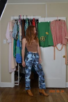 Camouflage Straight Leg Cotton Bottoms, High Rise Blue Grunge Pants, Blue Mid-rise Grunge Pants, Camouflage Straight Leg Bottoms For Streetwear, 90s Summer Cargo Bottoms, 90s Summer Cargo Style Bottoms, Straight Leg Camouflage Bottoms For Streetwear, High Waist Camouflage Cotton Bottoms, High Waist Camouflage Cargo Jeans