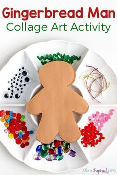 the gingerbread man collage art activity is displayed on a white plate with buttons