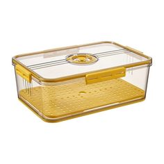 a plastic container with a yellow lid and handles on the bottom is holding a tray