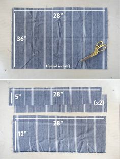 two pictures showing how to cut fabric with scissors and measuring tape on the table top