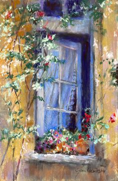 a painting of an open window with flowers on it