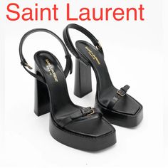 This Saint Laurent Leather Buckle Platform Sandals In Nero - Black. Size: 41. Leather Upper And Sole. Made In Italy. Ankle Buckle Closure. Angled Square Toe. Approx 140mm/ 5.5 Inch Heel Very Stylish Piece. You Will Be Happy You Got Them. Saint Laurent Paris, Saint Laurent Shoes, Sandals Brands, 5 Inch Heels, Leather Buckle, Platform Sandals, Be Happy, Saint Laurent, Leather Upper