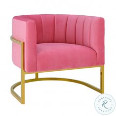 a pink chair with gold legs and a round base, on a white background that has a circular metal frame around it