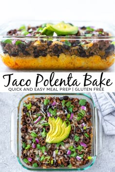 taco pokenta bake in a glass casserole dish with avocado on top