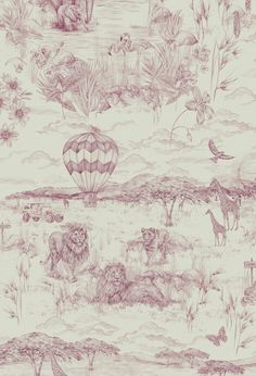 a drawing of animals and hot air balloons