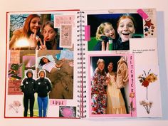 an open book with pictures of people and flowers on the pages, including children's faces