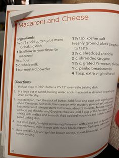 the recipe for macaroni and cheese is shown in an open book with instructions on how to make it