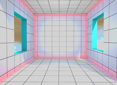 an empty room with pink and blue lights on the walls, and tiled flooring