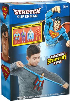 the action figure set includes superman and other superhero figures, including an arm - sling puncher