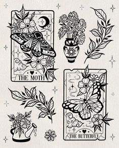 four cards with flowers and butterflies on them, each one has the word the moth