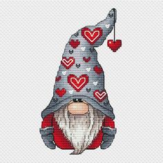 a gnome with hearts on it's head is shown in this cross stitch pattern