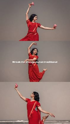 a woman in a red dress is dancing on the beach with her arms spread out