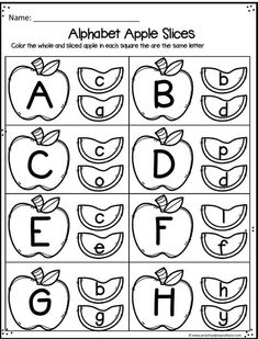 the alphabet apple slices worksheet is shown in black and white, with an image of